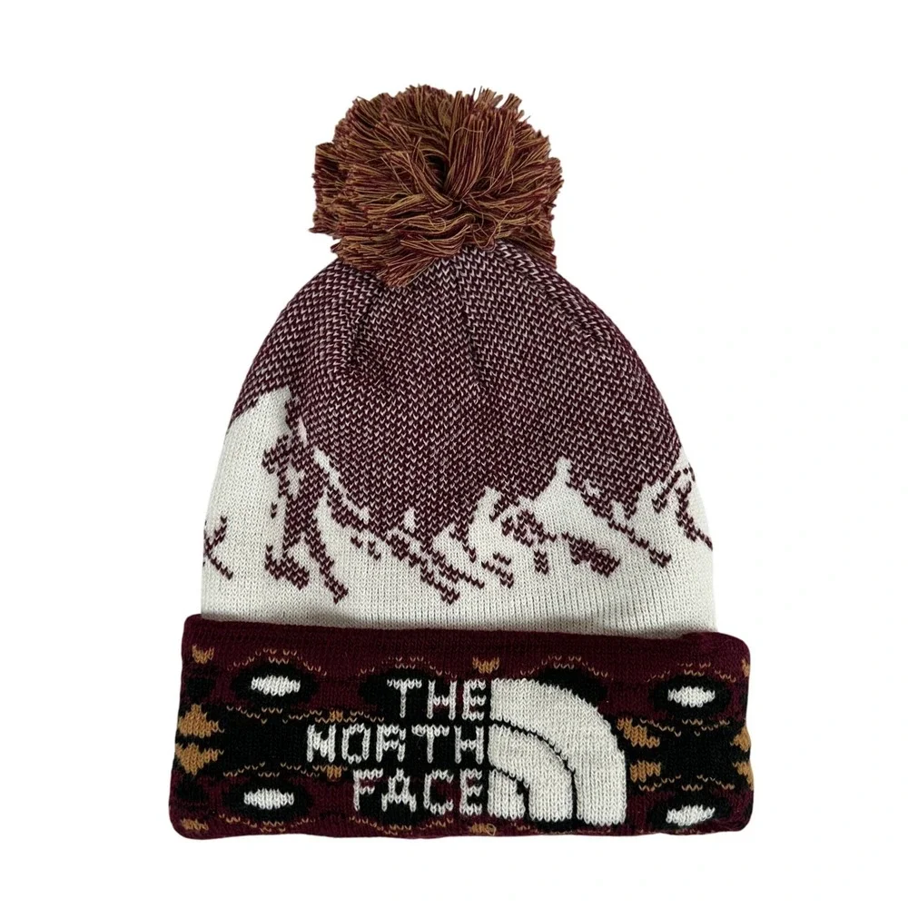 The North Face Retro Pom Beanie Burgundy Mountain Knit Hat NF0A4SI4 Unisex OS